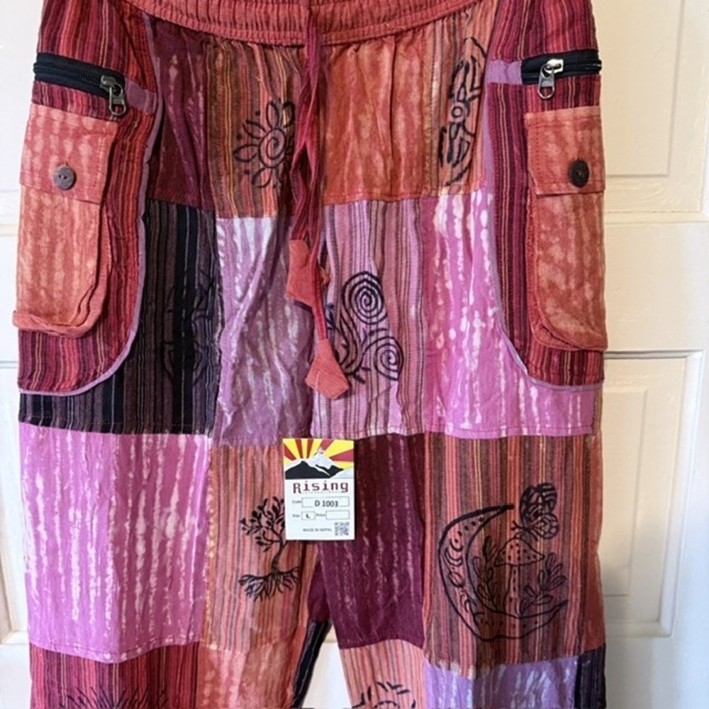 Rising International Patchwork Harem Pants Pink Red Cotton Boho Joggers Large - Picture 4 of 7